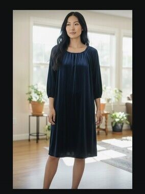 LuLaRoe Elegant "EVE"  Navy Blue Velvet Midi Peasant Sheath Dress- Med